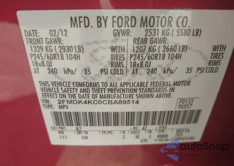 2012 Ford Edge Limited из США, поврежденный, VIN 2FMDK4KC0CBA89514